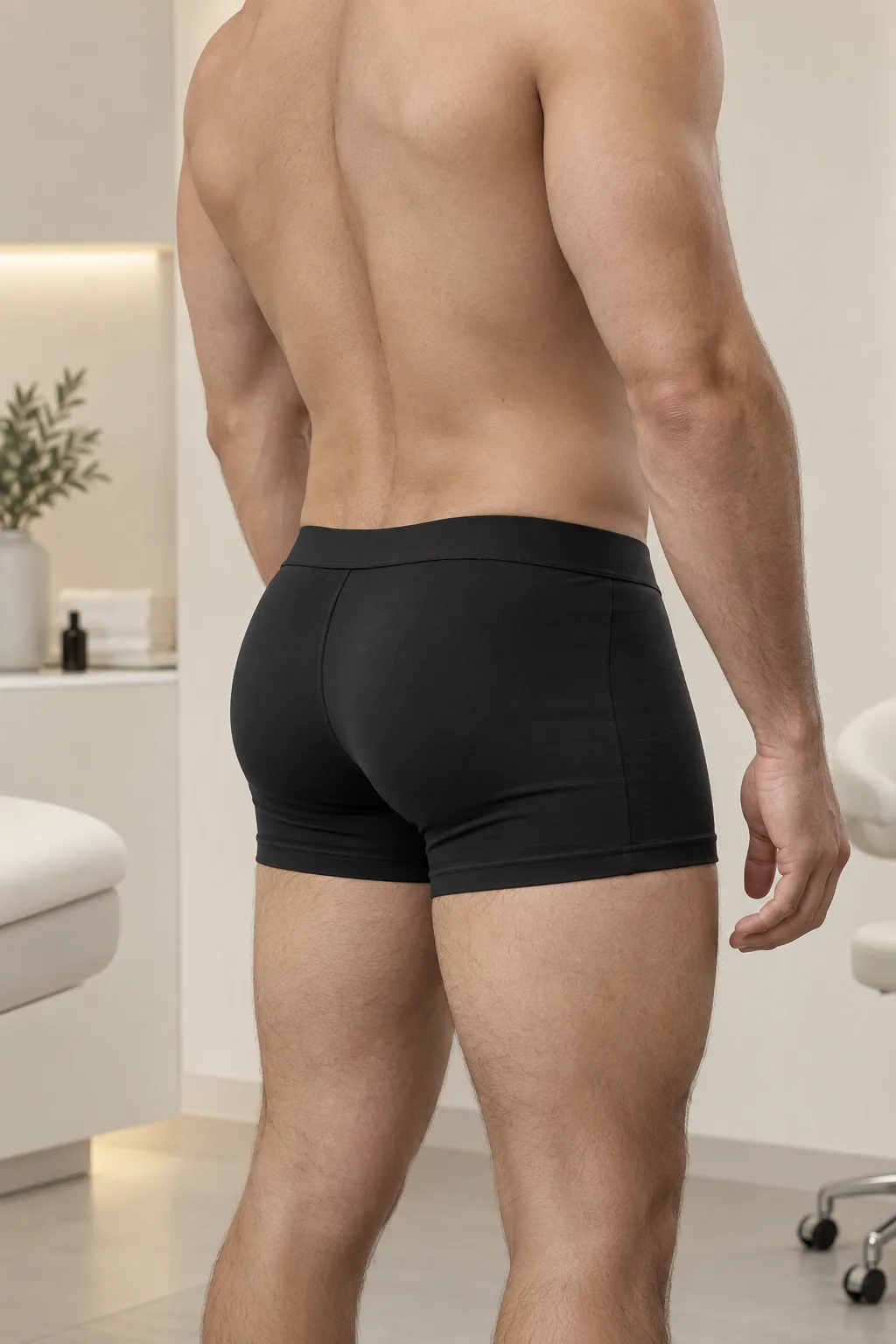 Man wearing underwear, shown from behind, highlighting the buttocks as part of a cosmetic consultation for buttock filler treatment.